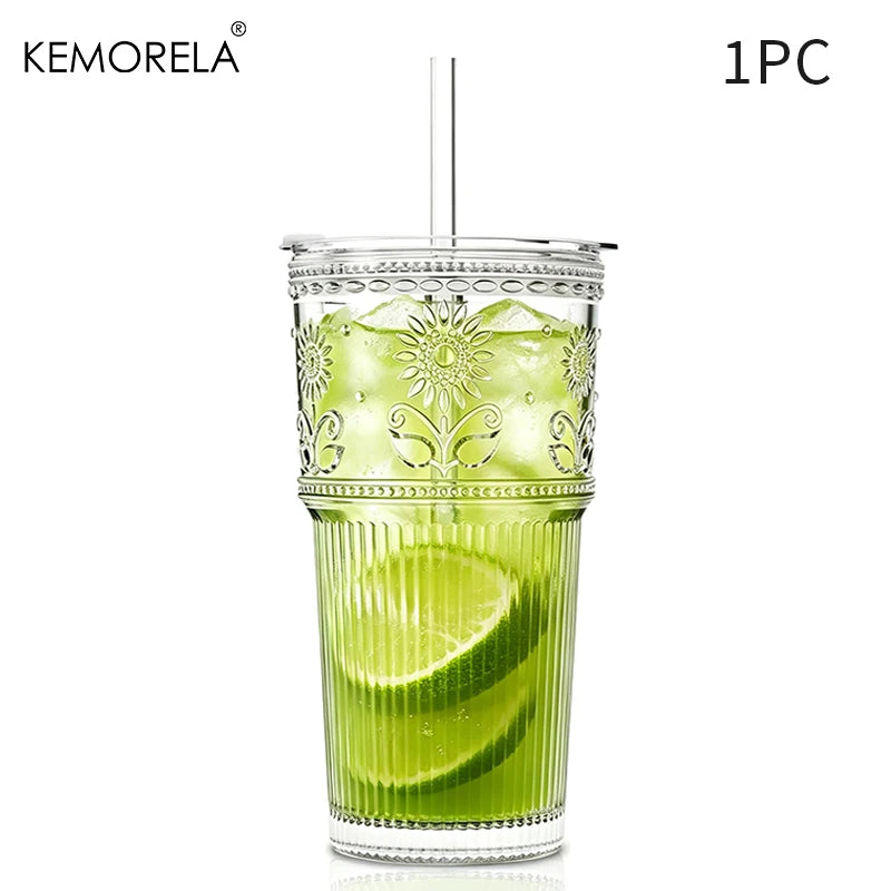 KEMORELA 590ml Sunflower Glass Cups with Lids & Straws Glass Drinkware Set Axl 1PCS 590ML