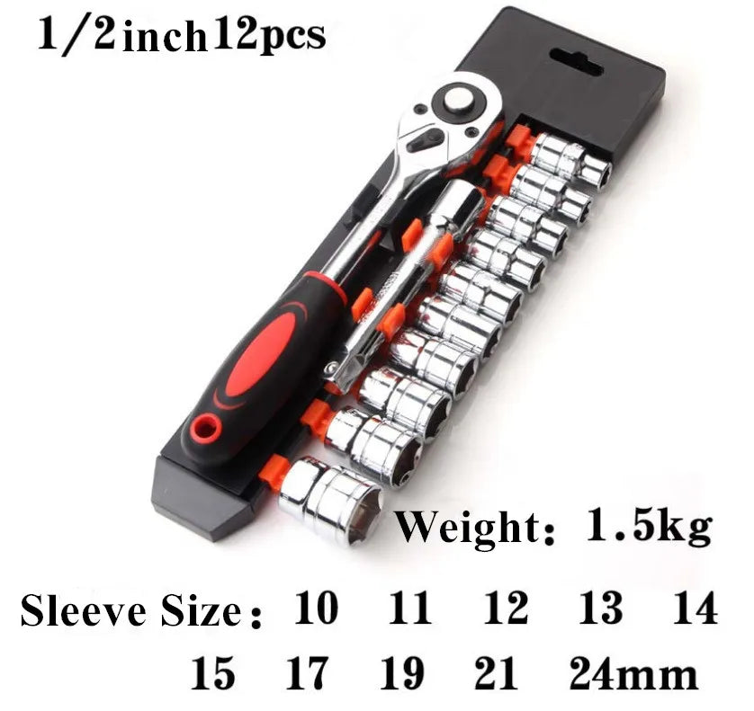 12-Pc Ratchet Socket Wrench Set 1/4" 3/8" 1/2" Drive Metric Ratchet Socket Wrench Set Axl C