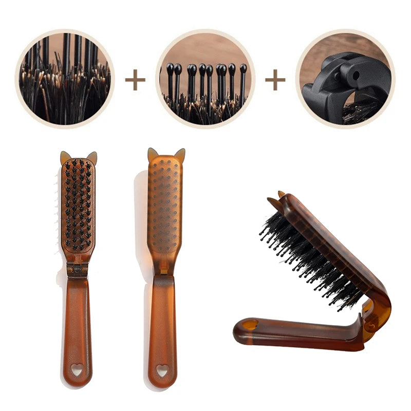 Cat Ear Foldable Boar Bristle Hair Brush – Pocket Travel Comb Foldable Hair Brush Axl