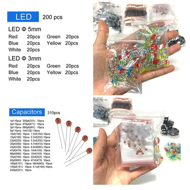 1818 Pcs Electronic Components Kit – Resistors, Capacitors, LEDs, ICs Electronic Components Kit Axl