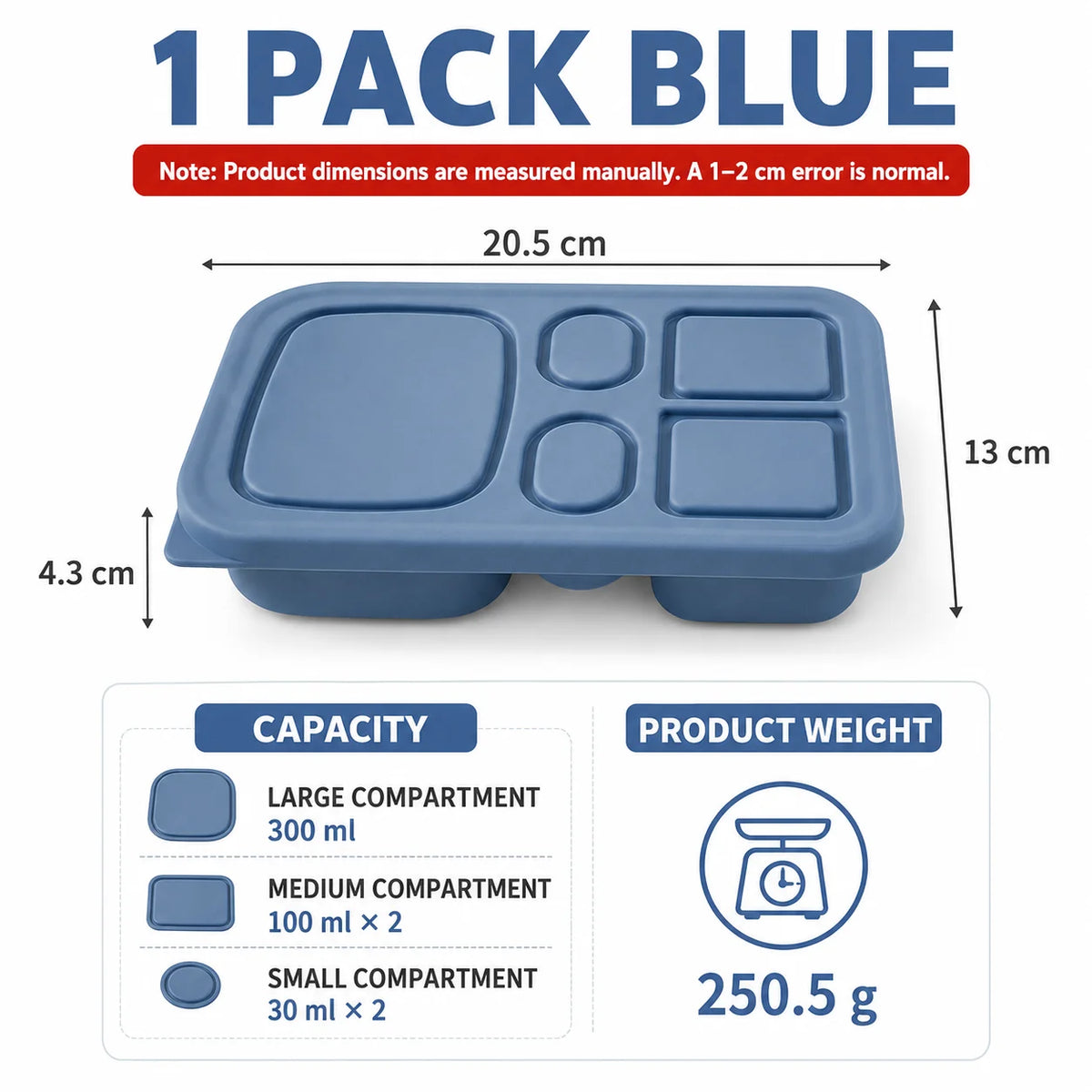 Silicone Bento Lunch Box – 5-Compartment Food Container Bento Lunch Box Axl 1 PACK Blue