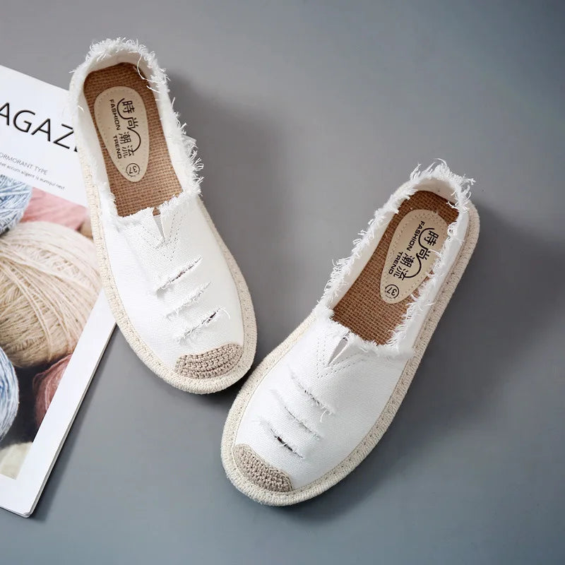 Women's Flat Slip-On Canvas Loafers – Casual Ripped Lazy Shoes Canvas Slip-On Loafers Axl WHITE 40