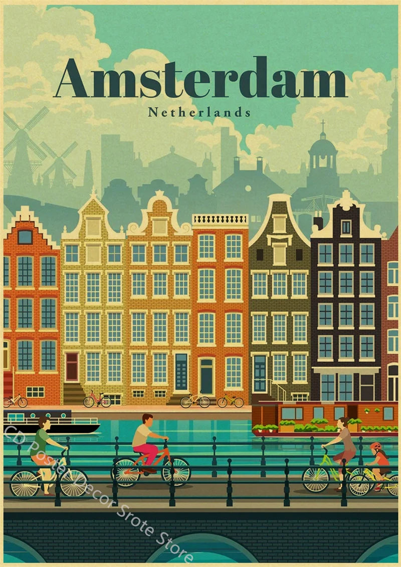World Cities Retro Travel Poster – Rome Paris Sydney Dubai Art