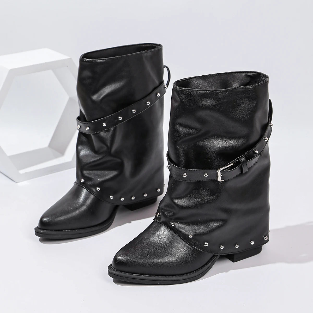 Women's Vintage Western Cowboy Booties – Rivet Slip-On Block Heel Western Cowboy Booties Axl black 38