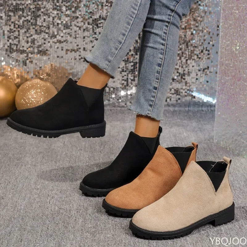 Women's Chunky Heel Suede Ankle Boots – Round Toe Slip-On Ankle Boots Axl