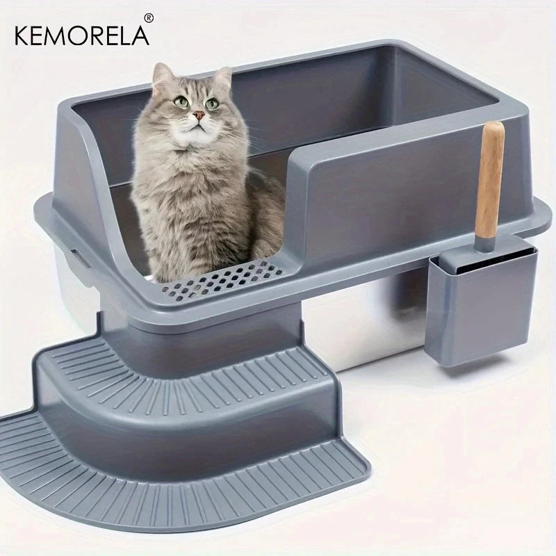 KEMORELA 20L Stainless Steel Cat Litter Box with Stair Foot Pad Cat Litter Box Axl Dark Grey