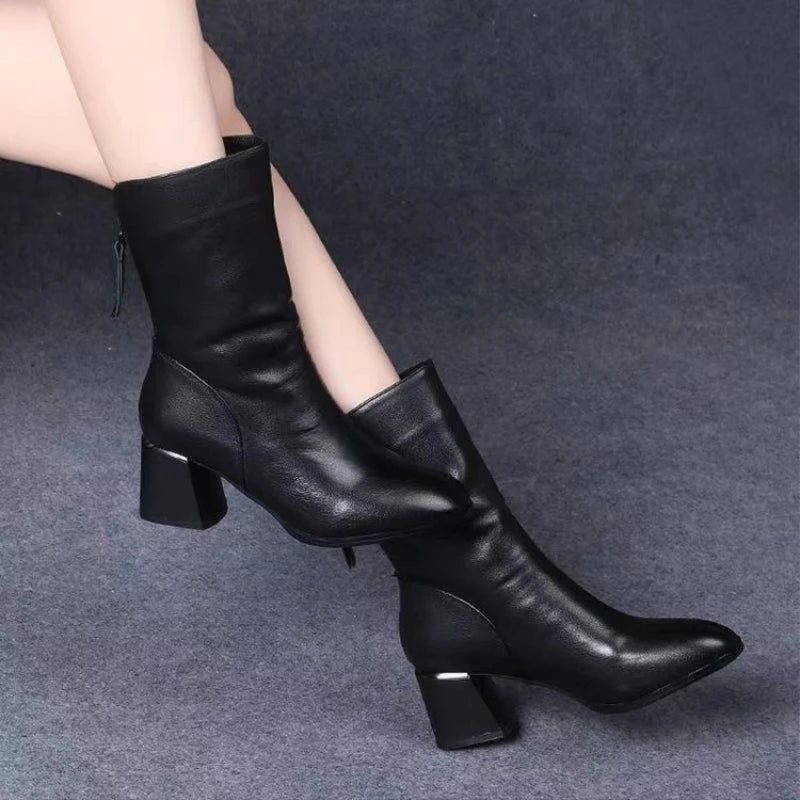 Women's Square Heel Ankle Boots – Anti-Slip PU Leather Zip Boot Ankle Boots Axl