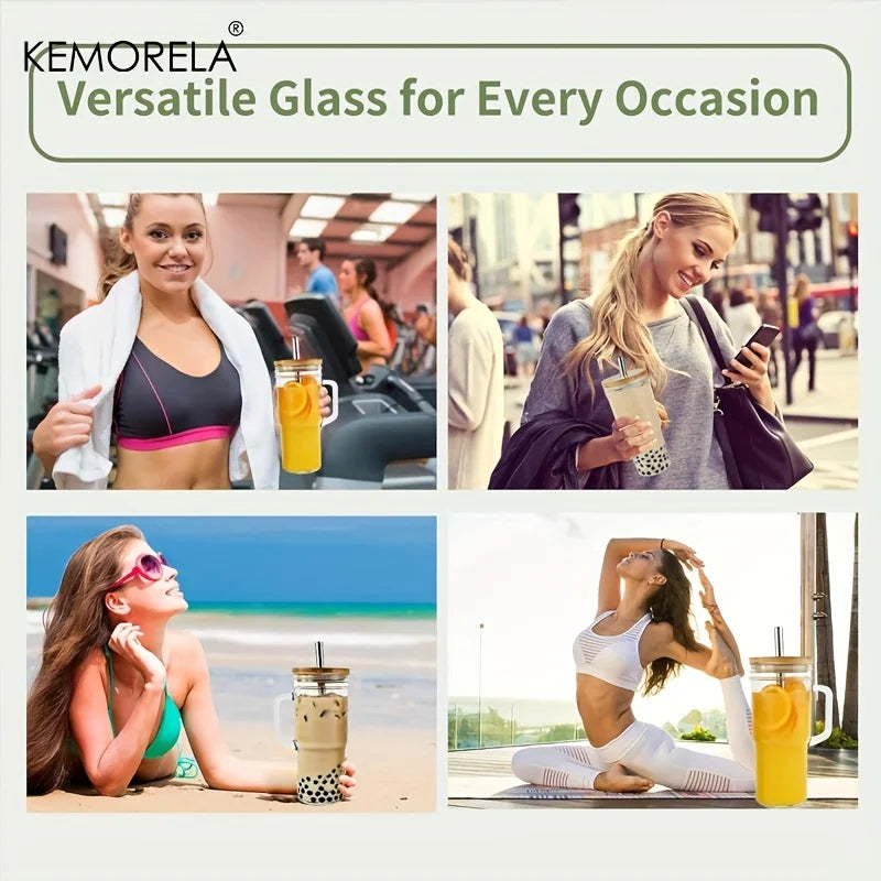 KEMORELA 700ml Glass Cup with Wooden Lid & Straw | Set of 1/2/4 Glass Cup Set Axl