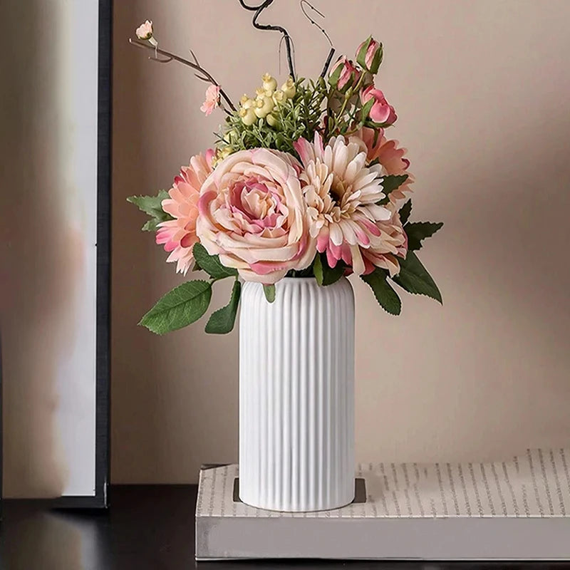 Striped Ceramic-Look Plastic Flower Vase – Minimalist Decor Decorative Vase Axl