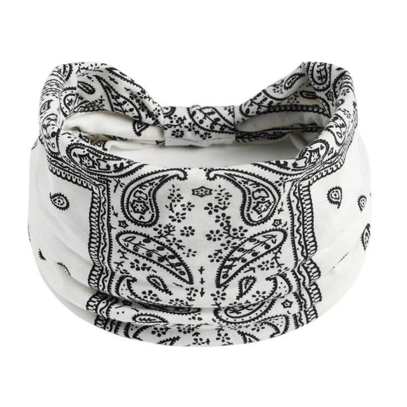 Boho Knot Turban Headband – Wide Printed Hair Wrap for Women Turban Headband Axl White