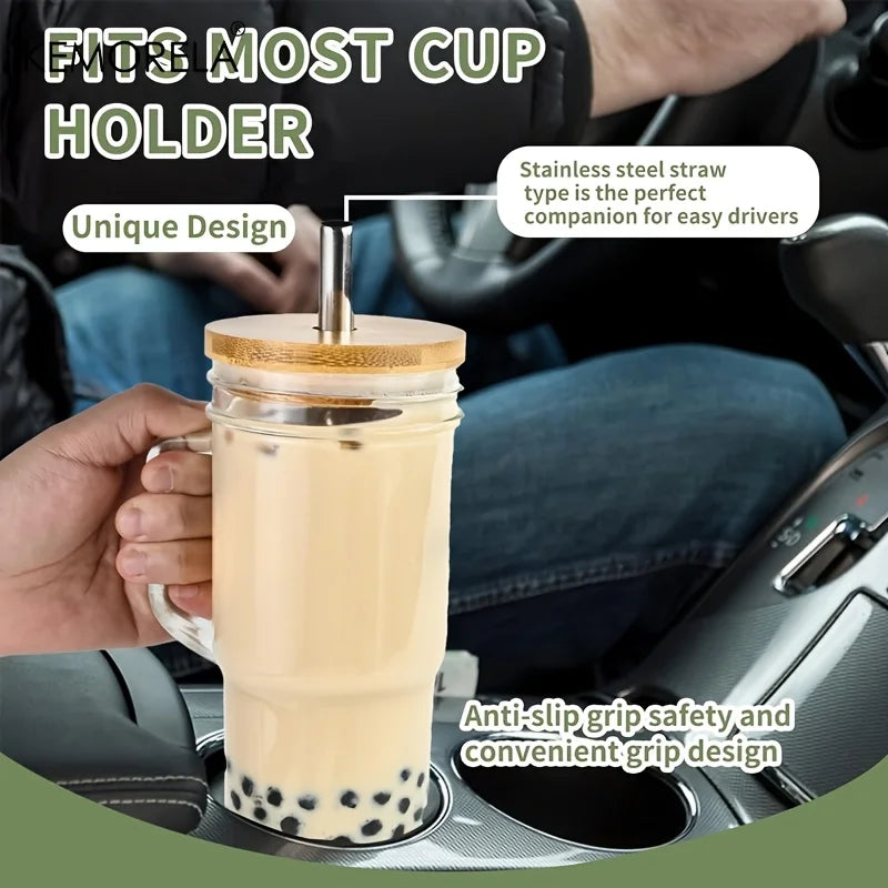 KEMORELA 700ml Glass Cup with Wooden Lid & Straw | Set of 1/2/4 Glass Cup Set Axl