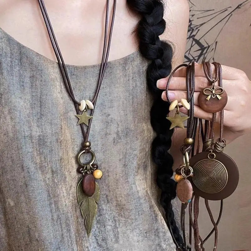 Vintage Boho Layered Metal Necklace – Antique Long Chain Pendant Boho Chain Necklace Axl