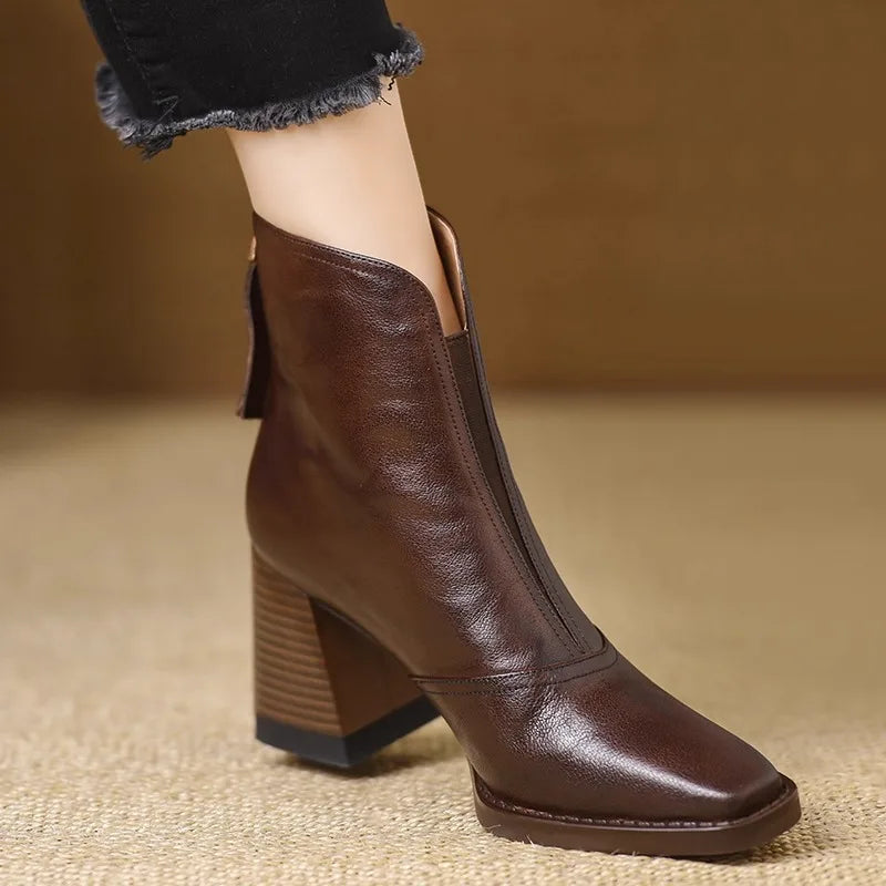 Women's Square Toe Ankle Boots | Block Heel Zipper PU Leather Ankle Boots Axl Dark Brown 36