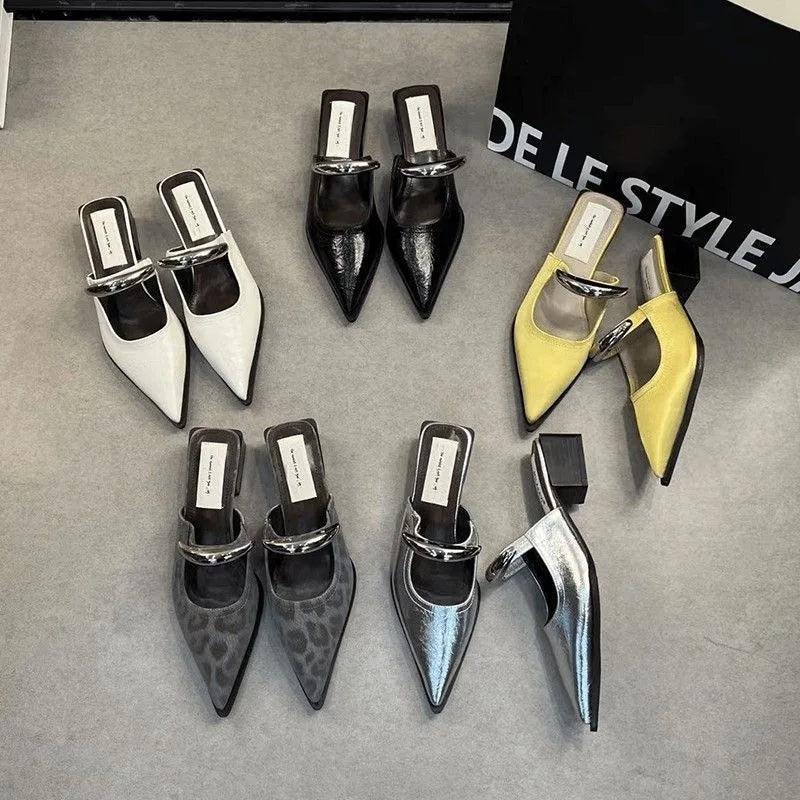 Women's Closed Toe Mule Slippers | Metal Detail Square Heel Slides Women's Mule Slippers Axl
