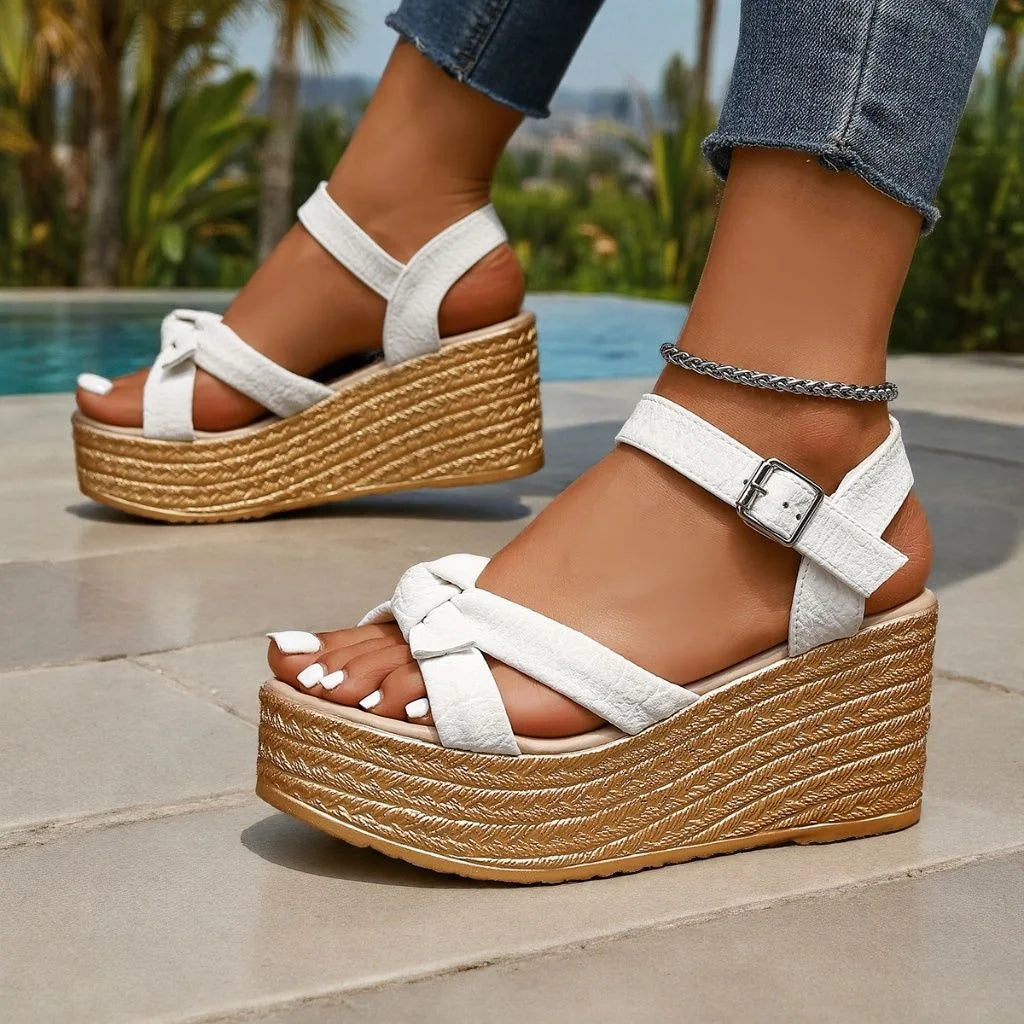 Roma Wedge Platform Sandals – Ankle Buckle Open Toe Heels Wedge Platform Sandals Axl Beige 35