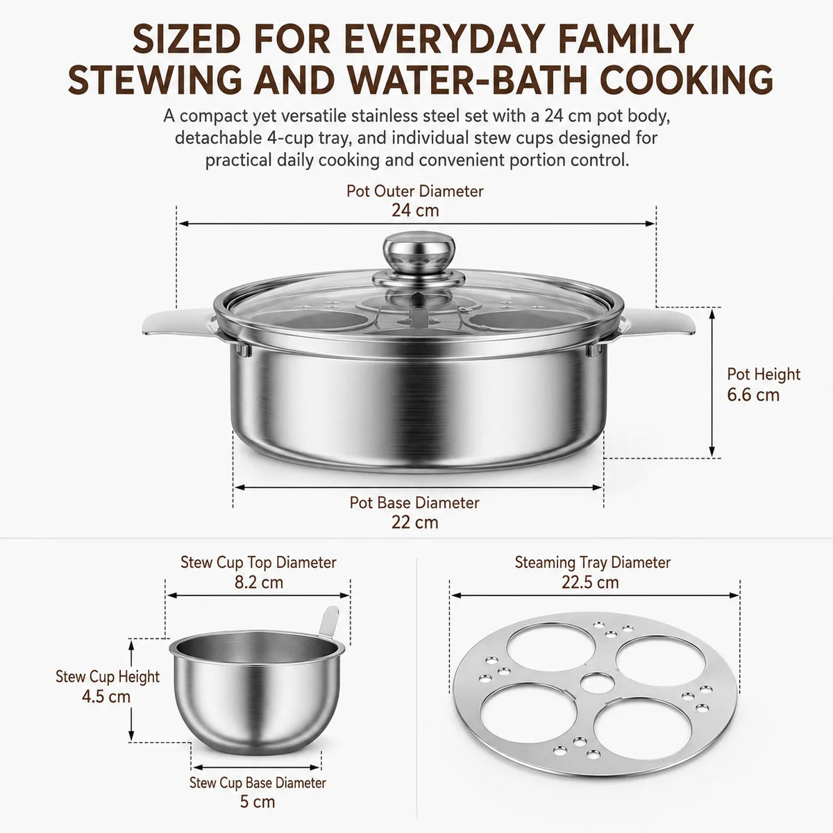 Stainless Steel Water Bath Stew Pot – 4 Inner Cups & Glass Lid Water Bath Stew Pot Axl