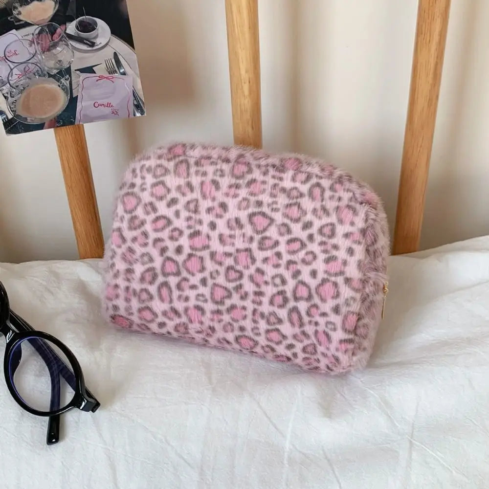 Fuzzy Leopard Print Makeup Bag – Large Travel Cosmetic Pouch Cosmetic Makeup Bag Axl