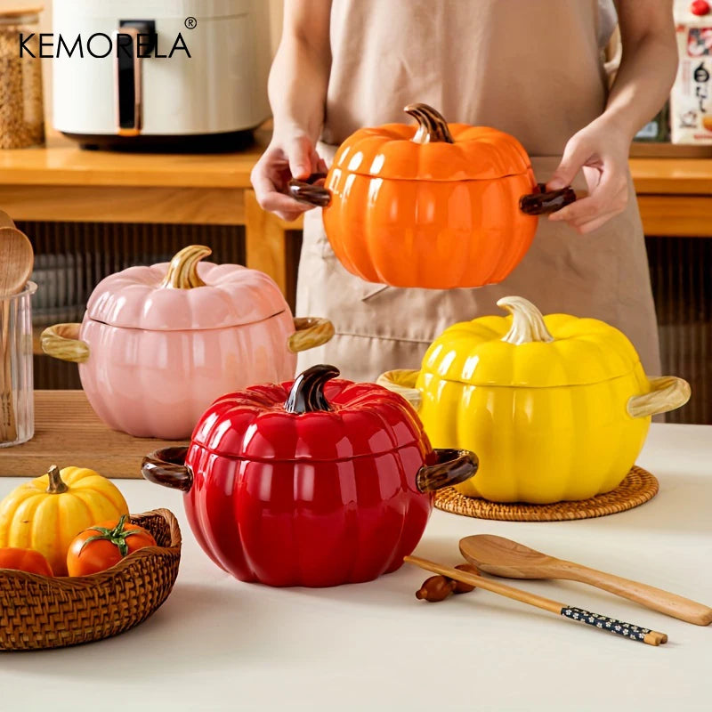KEMORELA 50oz Ceramic Pumpkin Dutch Oven Pot with Lid Ceramic Dutch Oven Axl