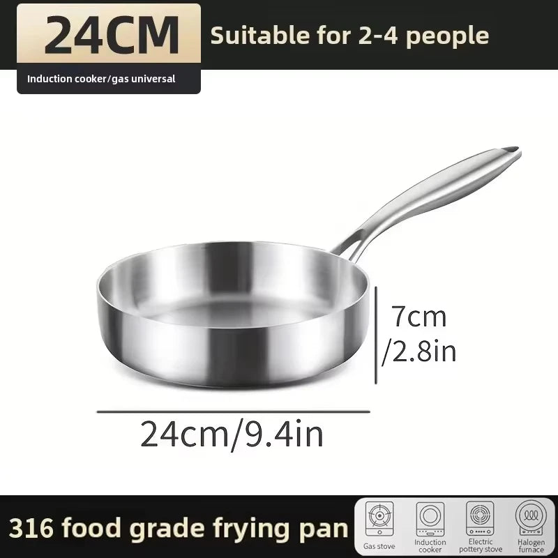 KEMORELA 316 Stainless Steel Uncoated Frying Pan 20–28cm Stainless Steel Frying Pan Axl 24cm
