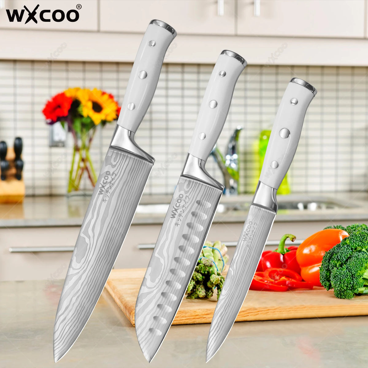 WXCOO 3-Piece Santoku Chef Knife Set – Stainless Steel Kitchen Kitchen Knife Set Axl