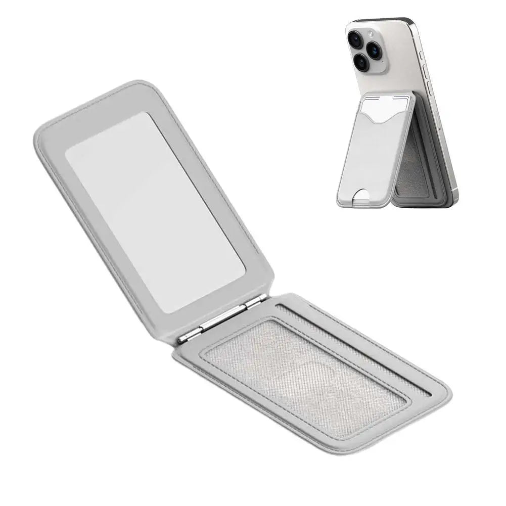 Magnetic Card Holder Phone Stand with Mirror | iPhone 12–17 Phone Wallet Stand Axl gray white CN
