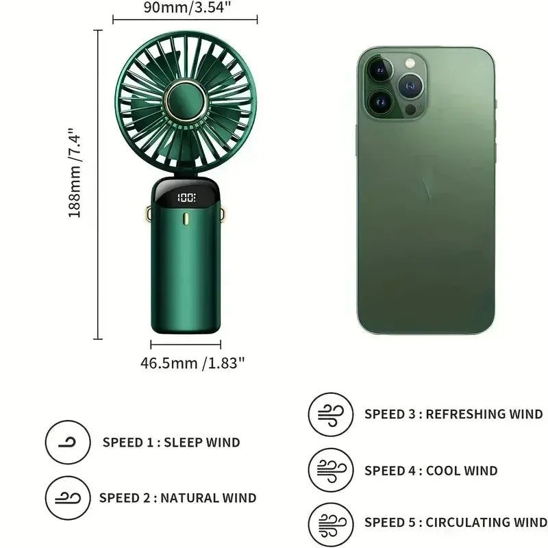 Portable Rechargeable Fan – LED Display, 5 Speeds, 90° Tilt Portable Desk Fan Axl