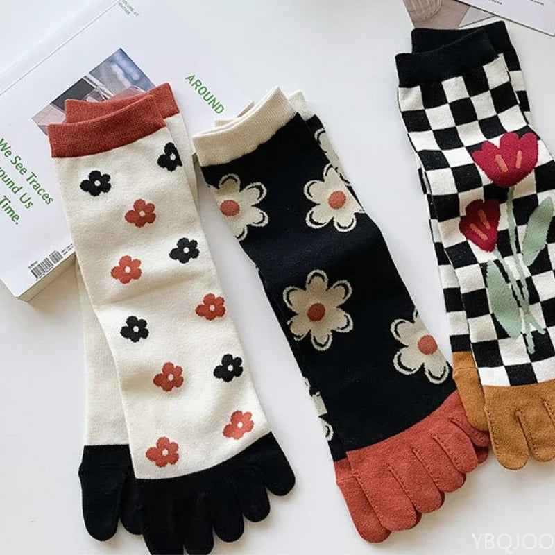 Women's Five Toe Mid Tube Cotton Socks – 3 Pairs, All Season Women's Toe Socks Axl