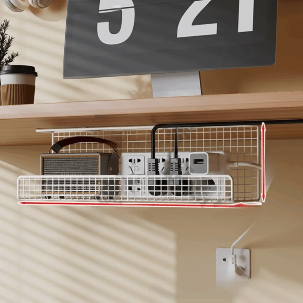 No-Drill Under-Desk Cable Management Tray | Wire Organizer Cable Management Tray Axl white-single-deck