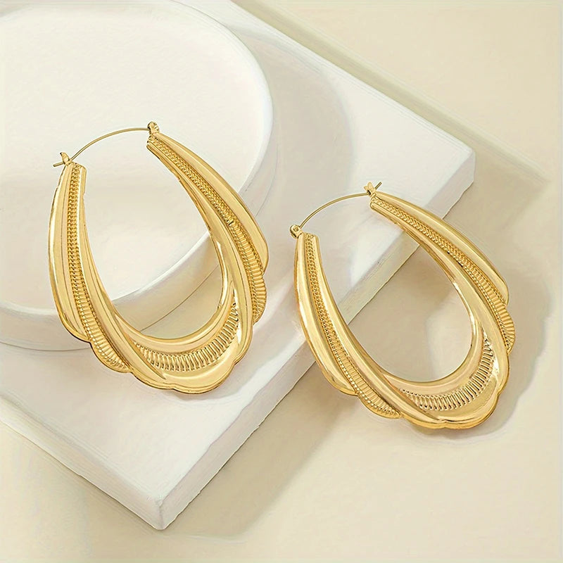 Huitan Textured Hoop Earrings – Geometric Women's Fashion Jewelry Hoop Earrings Axl