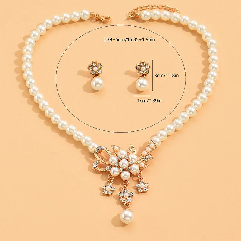 Faux Pearl Rhinestone Flower Necklace & Earrings Set for Women Jewelry Set Axl