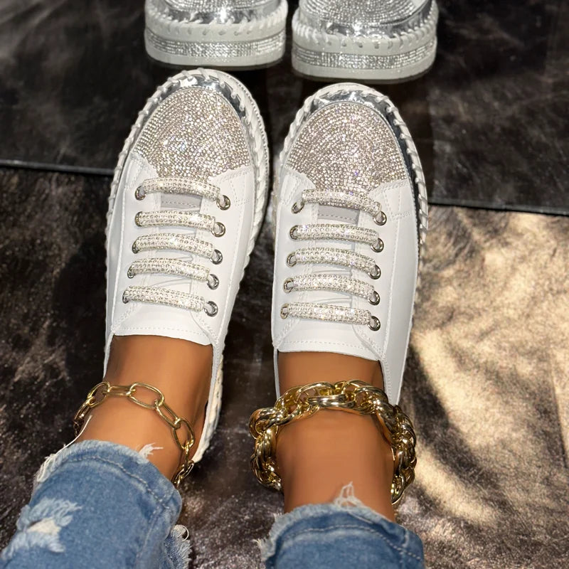 UXST Women's Crystal Platform Sneakers – Lace-Up Flat Shoes Platform Sneakers Axl