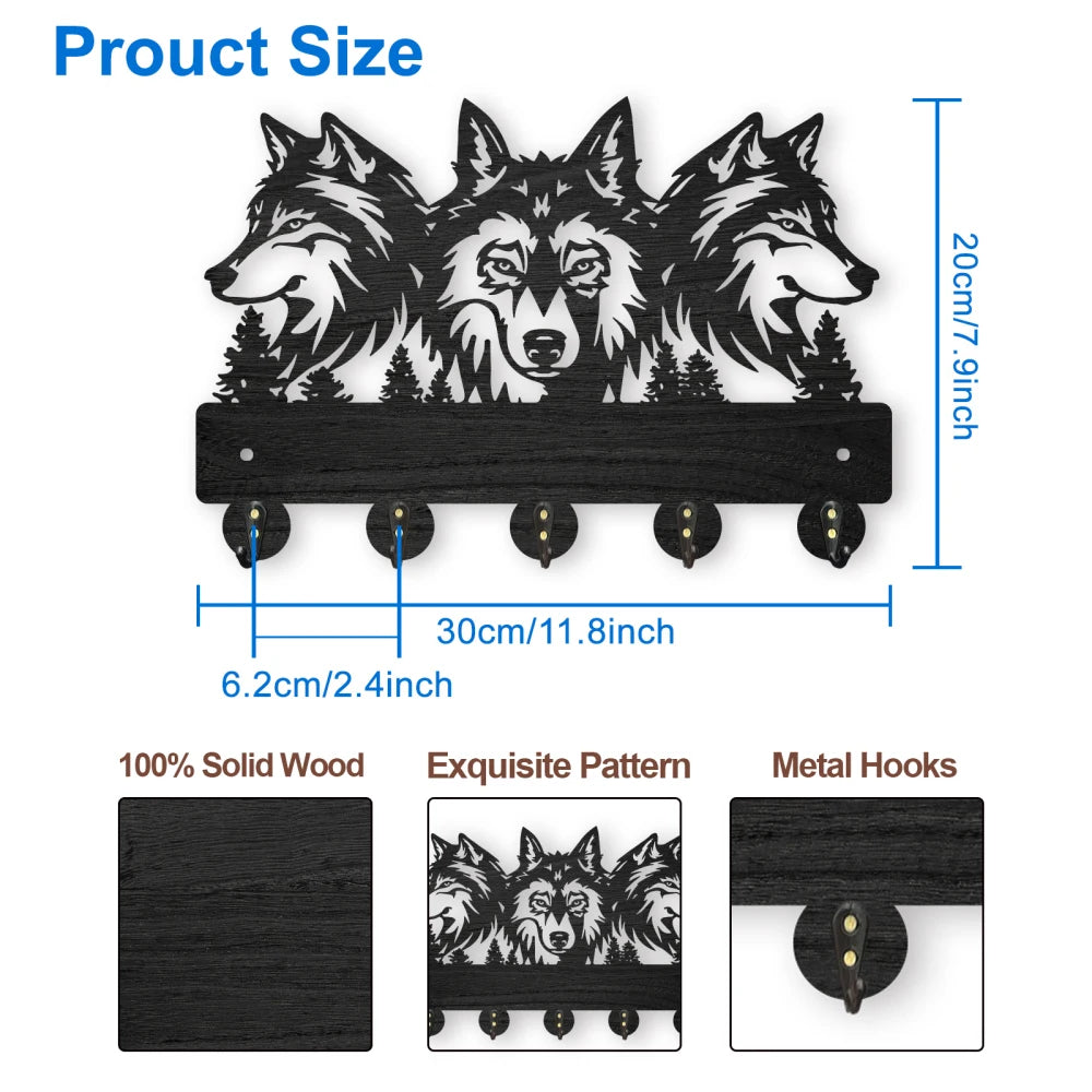 Wolf Forest Wood Wall Coat Rack – 5 Hook Key Holder 11.8in Wall Coat Rack Axl AECH04-06546