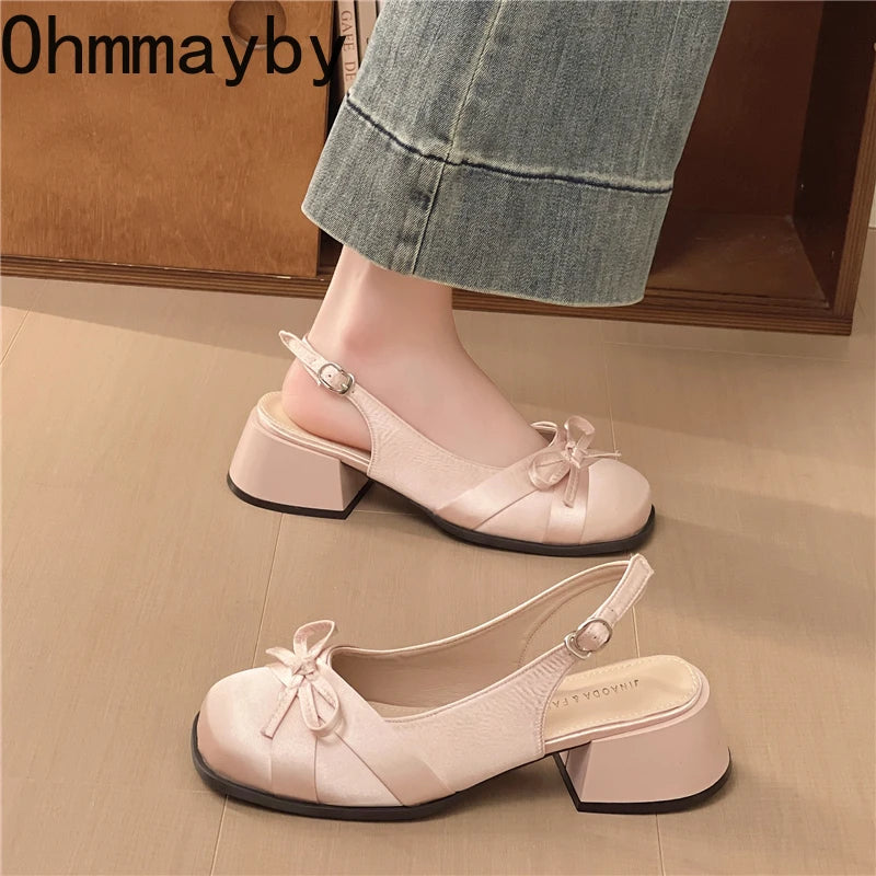 Women's Satin Butterfly-Knot Slingback Sandals | Square Heel Slingback Heeled Sandals Axl