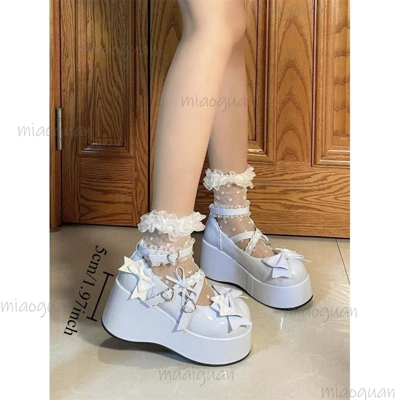 Women's Lace Bowknot Platform Mary Jane Shoes | Heart Buckle Platform Mary Janes Axl