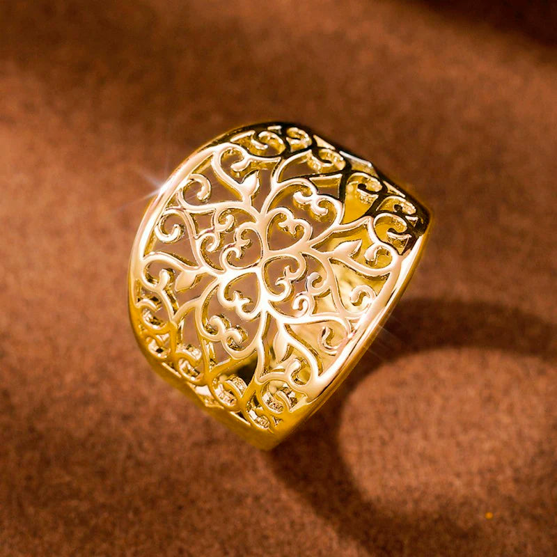 Huitan Wide Hollow Flower Ring – Vintage Carved Brass Women's Ring Fashion Ring Axl