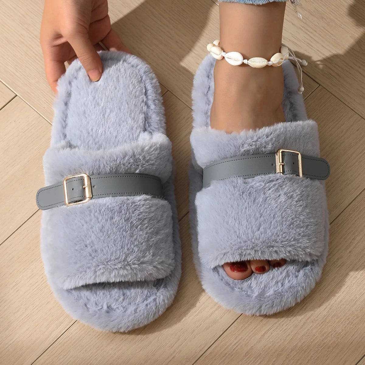 Women's Fluffy Wool Slippers – Warm Indoor Winter House Shoes Women's Slippers Axl grey 44-45
