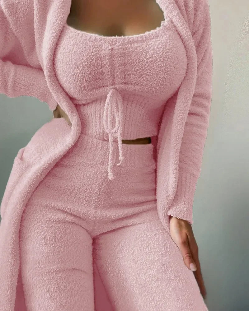 Women's Fluffy Winter Pajama Set 3-Piece Plus Size S–3XL Women's Pajama Set Axl pink(Long pants) S