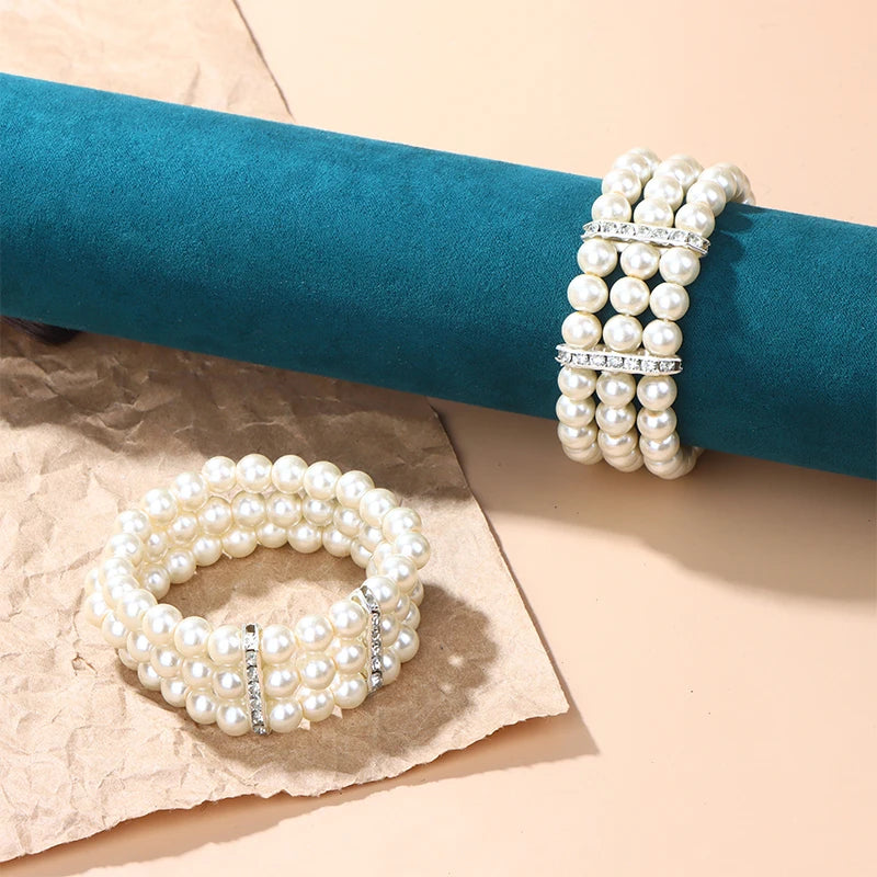 3-Row Pearl Rhinestone Stretch Bracelet | Multilayer Bangle Pearl Beaded Bracelet Axl