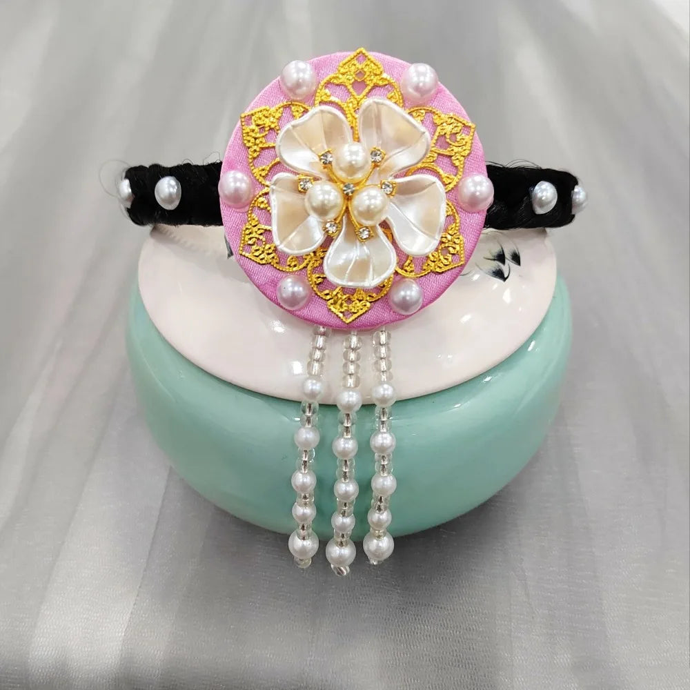 Korean Hanbok Headband – Pearl Tassel Retro Flower Hair Hoop Hair Headband Axl dark pink