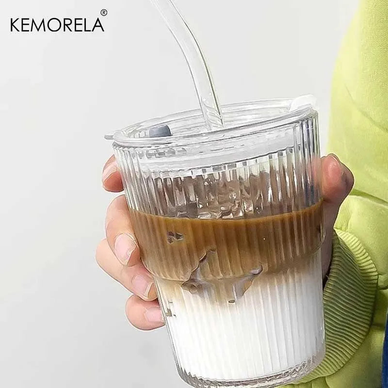 KEMORELA 380ml Striped Glass Cup with Lid & Straw | 1 or 2 Pack Glass Drinkware Set Axl