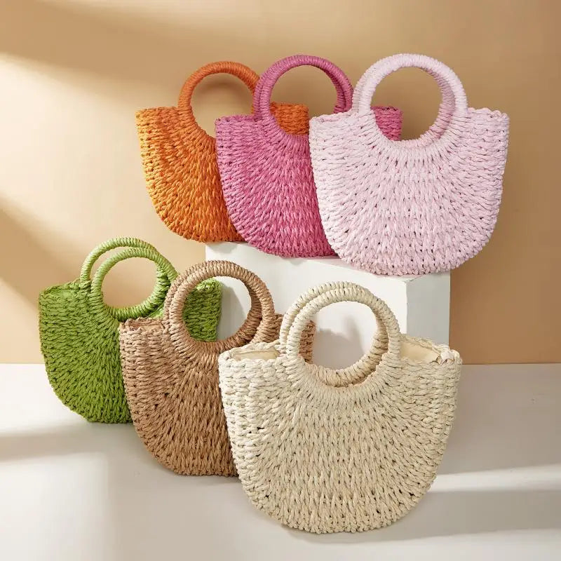 Handwoven Straw Half-Moon Beach Bag | Women's Crossbody Straw Beach Bag Axl