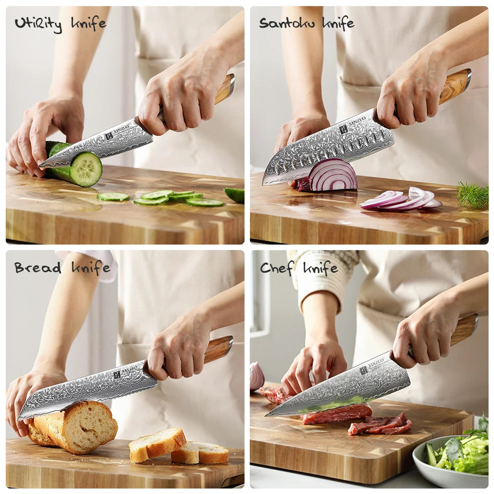 XINZUO 8-Pc Damascus Steel Knife Set – Olive Wood Handles Kitchen Knife Set Axl