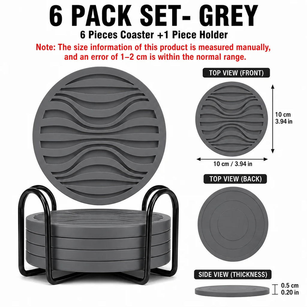 6-Pack Silicone Drink Coasters with Holder | Non-Slip, Heat Resistant Silicone Coaster Set Axl 6 PACK Set-Grey