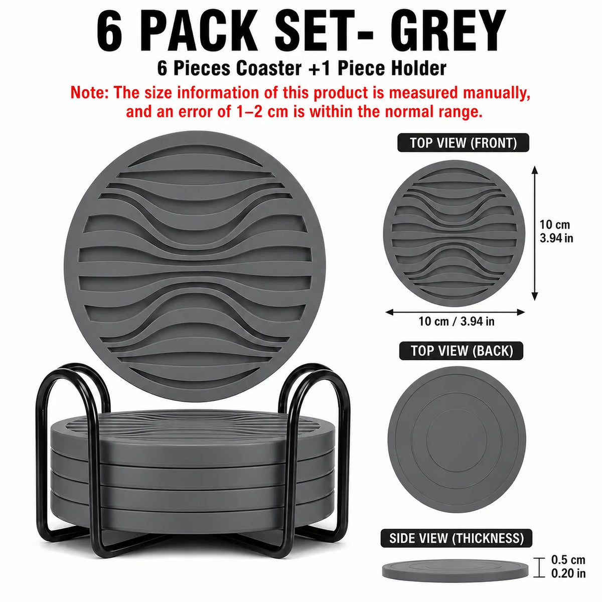 6-Pack Silicone Drink Coasters with Holder | Non-Slip, Heat Resistant Silicone Coaster Set Axl 6 PACK Set-Grey
