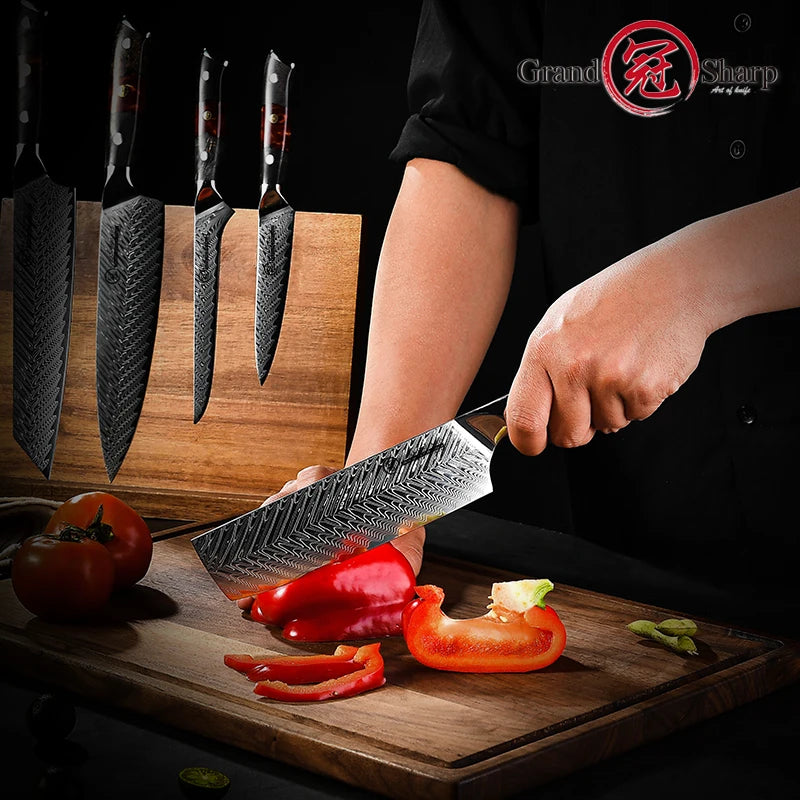 GrandSharp Nakiri Knife – AUS-10 Damascus Steel Maple Handle Nakiri Vegetable Knife Axl