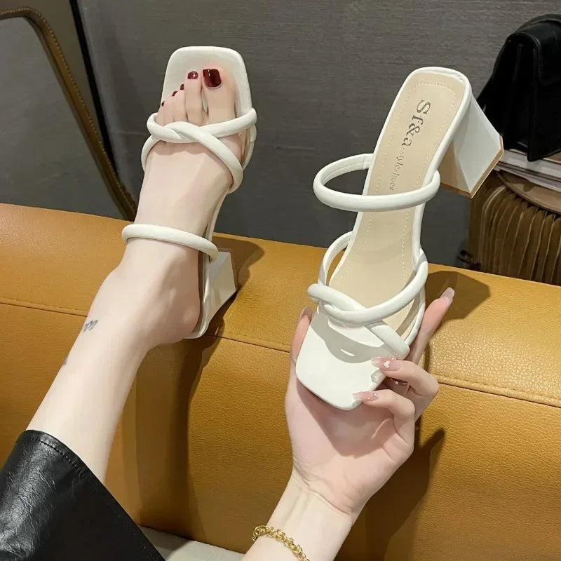 Women's Square Toe Chunky Mid-Heel Sandals | Pleated Strap Block Heel Sandals Axl
