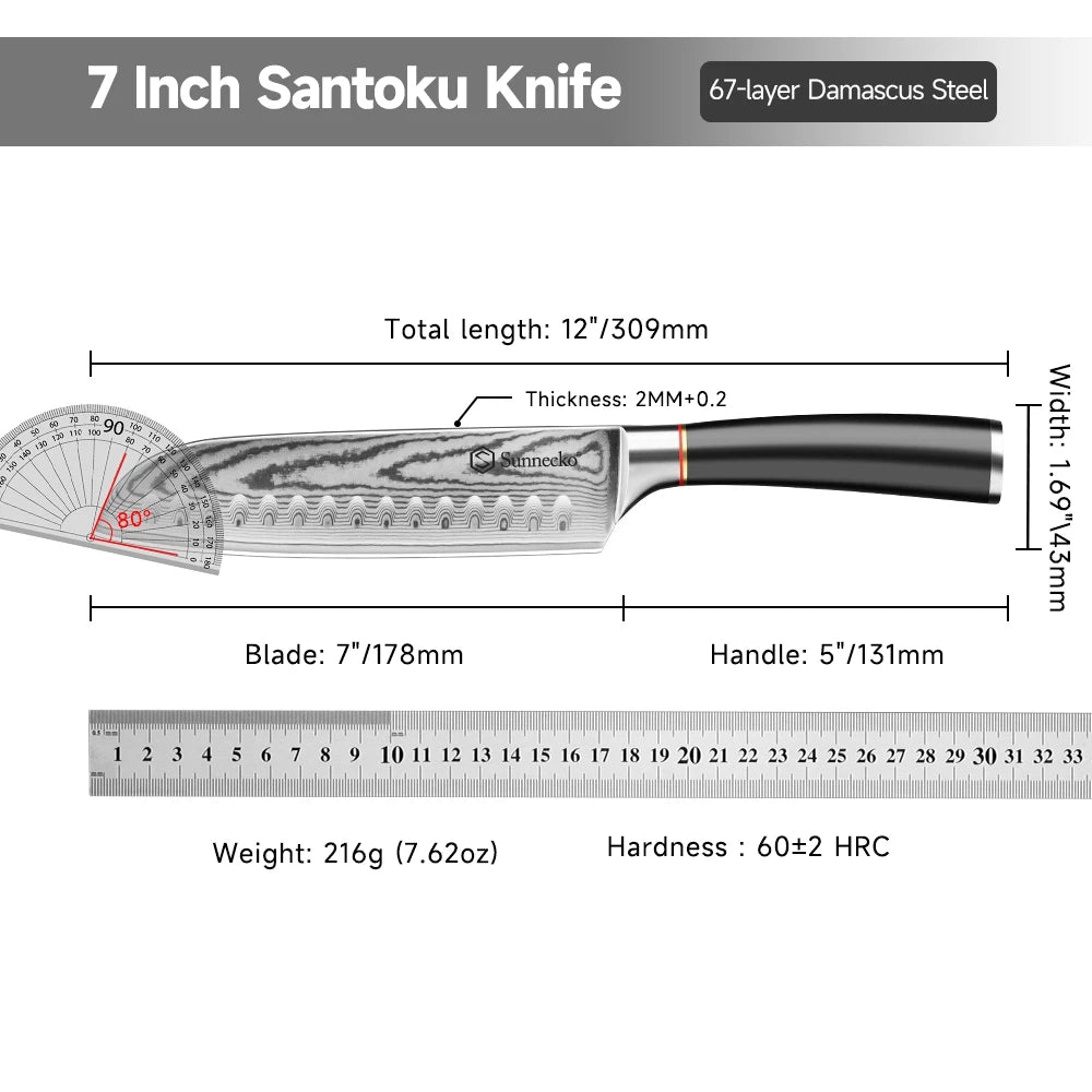 Sunnecko 7" Damascus Santoku Knife – 67-Layer VG10 Steel Damascus Santoku Knife Axl