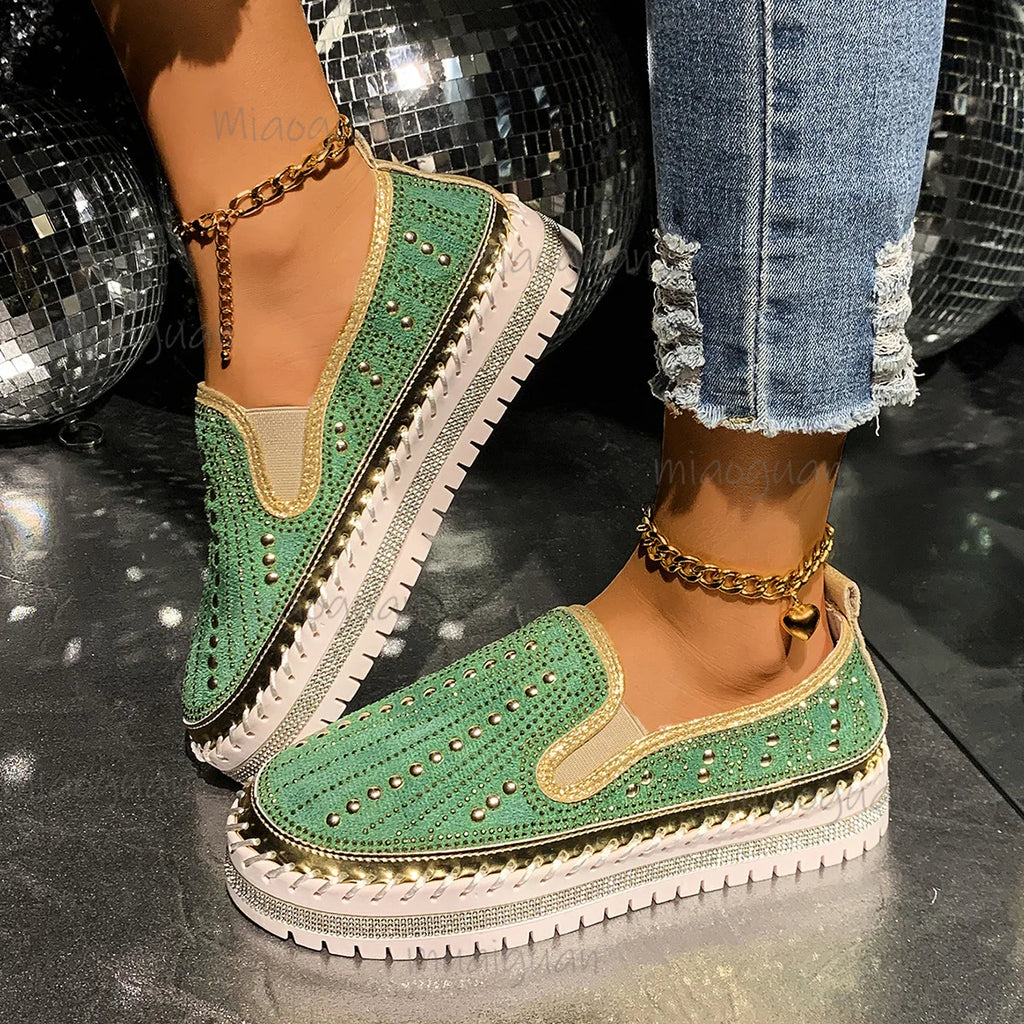 Women's Rhinestone Flat Loafers – Thick Sole Slip-On Sneakers Flat Loafer Sneakers Axl