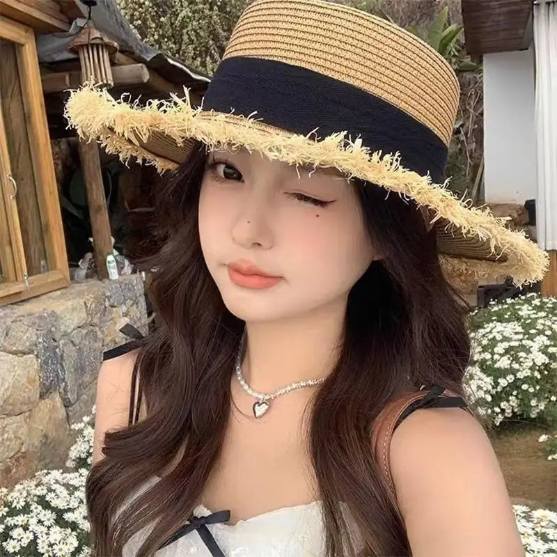 Women's Wide Brim Straw Hat – French Style Beach Sun Hat Women's Straw Hat Axl A5
