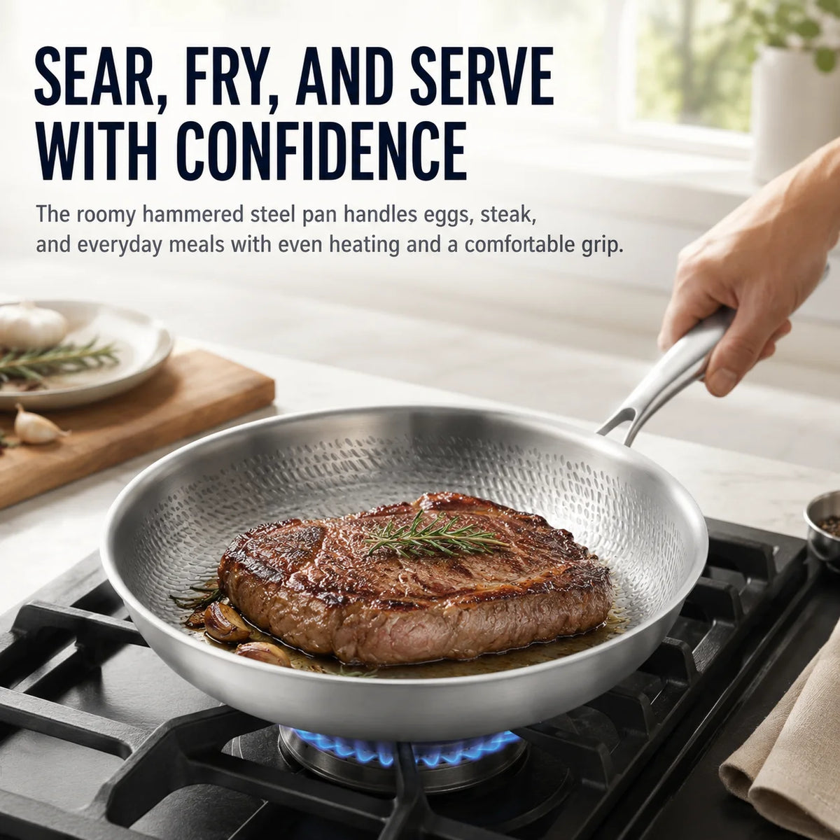 Hammered 3-Ply Stainless Steel Skillet – Uncoated Frying Pan 28cm Stainless Steel Skillet Axl